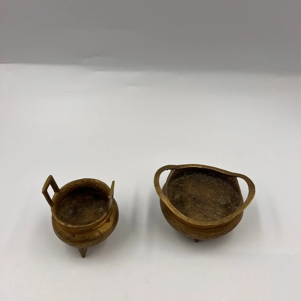 Vintage Chinese Cast‎ Brass Miniature Incense Burners Censer Pair Tripod Handled